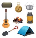 Camping elements. Realistic campfire tent guitar backpack for travellers decent vector set pictures collection