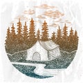 Camping emblem, adventure sign with forest, tent and clouds