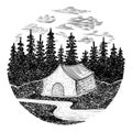 Camping emblem, adventure sign with forest, tent and clouds