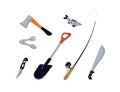 Camping equipment, gear. Hiking tools set. Ax, spade, pocket knife, penknife, fishing rod pole, machete. Survival