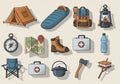 Camping equipment illustration featuring a variety of items on a beige background. Includes a tent, Royalty Free Stock Photo