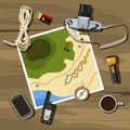 Camping equipment - map, vintage camera, compass