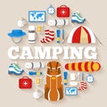 Camping equipment set circle infographics template concept. Icons for your product or design. Vector flat with long shadow Royalty Free Stock Photo