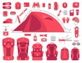 Camping equipment set. Mountain hike kit. Trekking outfit. Hiking tent. Backpack size. Tourism travel adventure. Flat Royalty Free Stock Photo