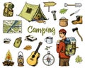 Camping equipment set, outdoor adventure, hiking. Traveling man with luggage. tourism trip. engraved hand drawn old