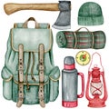 8099 Camping equipment watercolor elements clipart set. Backpack, hiking ax, knitting hat, thermos, compass, kerosene lamp.