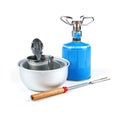 Camping equipment on white