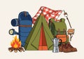 Camping essentials illustration featuring a green tent, red and white checkered cloth, blue Royalty Free Stock Photo