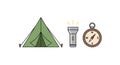 Camping essentials illustration with green tent, silver flashlight and brown compass with red needle on clean white background Royalty Free Stock Photo