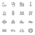 Camping essentials line icons set