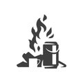 Camping evening halt mug with thermos tea near burning bonfire vintage icon design vector