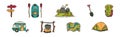 Camping and Expedition with Van, Map, Tent, Shovel, Boat and Backpack Vector Set