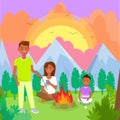 Camping with Family in Mountains Flat Drawing