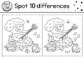 Camping find differences game for children. Black and white educational activity and coloring page with boy sitting on a log and