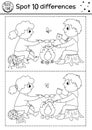 Camping find differences game for children. Black and white educational activity and coloring page with children sitting in front