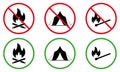 Camping Fire Allowed Zone Black Silhouette Icon Set. Forbidden Campfire Pictogram. Flame Stop Circle Symbol. Safety Royalty Free Stock Photo