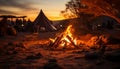 Camping fire glows, heating the tent, nature beauty in relaxation generated by AI Royalty Free Stock Photo