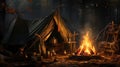 Camping fire and tent in forest at night, campfire in dark woods in summer. Bonfire near vintage cabin, hiking gear and equipment Royalty Free Stock Photo