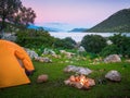Camping with fire and tent at night on Lycian Way Royalty Free Stock Photo