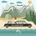 camping flat design landscape with limousine