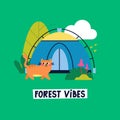 Camping flat vector greeting card with tent, cat, sun, cloud, trees and plants. Holiday trip, vacation on nature Royalty Free Stock Photo