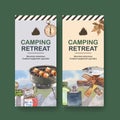 Camping flyer design with barbeque, firewood, fish watercolor illustration