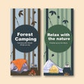 Camping flyer design with camp, lantern, tent, kettle watercolor illustration