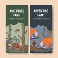 Camping flyer design with campfire, bicycle, tent, lantern watercolor illustration