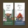 Camping flyer design with canned food, grill stove watercolor illustration