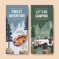 Camping flyer design with inflatable boat, car, lantern watercolor illustration