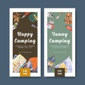 Camping flyer design with lantern, tent, penknife watercolor illustration