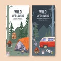Camping flyer design with tent, bonfire, backpack, lantern watercolor illustration