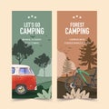 Camping flyer design with tree, bird, van, bicycle, forest watercolor illustration Royalty Free Stock Photo
