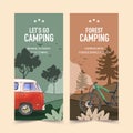 Camping flyer design with tree, bird, van, bicycle, forest watercolor illustration