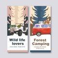 Camping flyer design with van, backpack, bucket hat, tent watercolor illustration