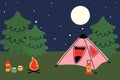 Camping in forest. Adventure vacation. Hiking tourism. Nature landscape. Nighttime campground scenery. Fir trees. Tent