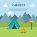 Camping in forest banner vector illustration. Vacation and tourism concept. Travelling equipment such as tent and Royalty Free Stock Photo