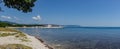 Panorama of the sea, mountains and wild beach `Thin Cape` outside the resort city of Gelendzhik