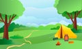 Camping. Forest glade and tent, fire, backpack. Landscape illustration.