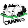 Camping in a forest. Motorhouse and tent on the
