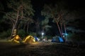 Camping in forest at night. garlands, light bulbs shine between pine trees and tents, people sitting opposite each other near Royalty Free Stock Photo