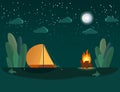 Camping in the forest at night near big fire. Evening scene with tent, campfire, moon and stars on background. Nature landscape. Royalty Free Stock Photo