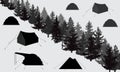 Camping in forest. Silhouettes of tents and fir trees. Applied clipping mask. Vector illustration