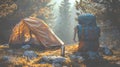 Camping in forest, yellow tent and backpack. Oneness with nature Royalty Free Stock Photo