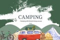 Camping frame design with van, bicycle, map, bucket hat watercolor  illustration Royalty Free Stock Photo