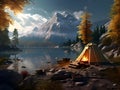 Camping with friends near lake and mountain, camping tent setup near river or mountain on afternoon or morning, hiking and camping Royalty Free Stock Photo