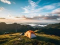 Camping with friends near lake and mountain, camping tent setup near river or mountain on afternoon or morning, hiking and camping Royalty Free Stock Photo