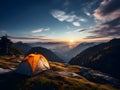 Camping with friends near lake and mountain, camping tent setup near river or mountain on afternoon or morning, hiking and camping Royalty Free Stock Photo