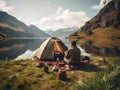 Camping with friends near lake and mountain, camping tent setup near river or mountain on afternoon or morning, hiking and camping Royalty Free Stock Photo