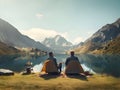 Camping with friends near lake and mountain, camping tent setup near river or mountain on afternoon or morning, hiking and camping Royalty Free Stock Photo